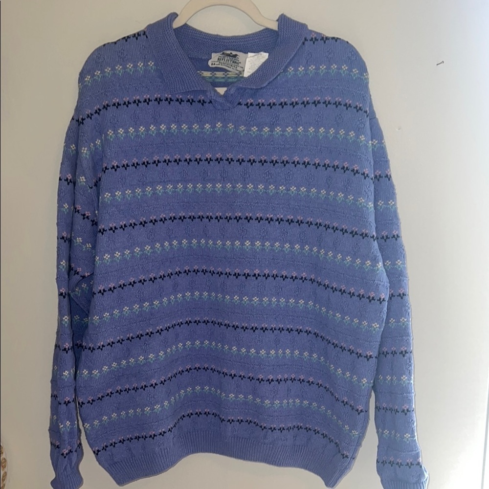 Vintage Periwinkle BluePurple Ditsy Floral Patterned Knit Chunky Overszd Sweater